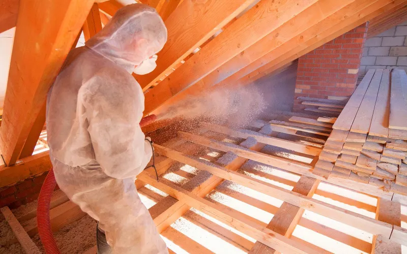 Installer in a protective suit blowing loose-fill cellulose insulation between attic floor joists