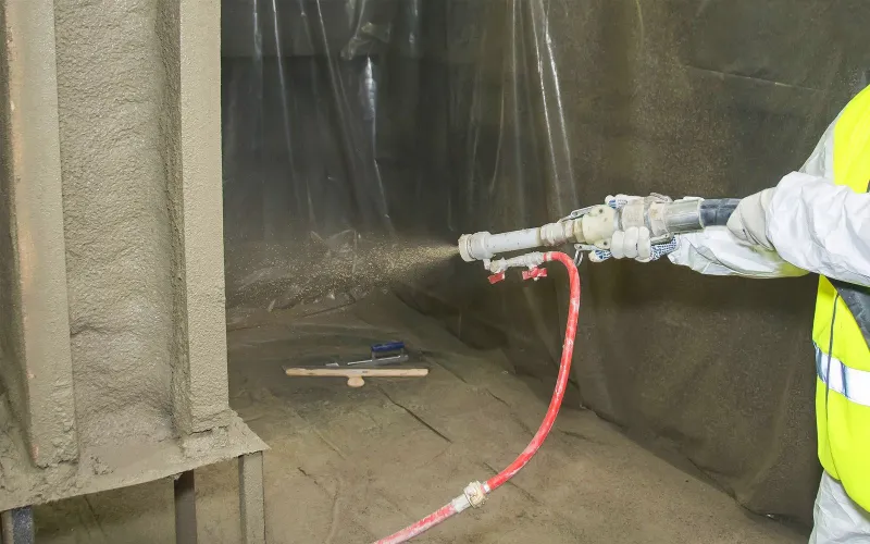 Worker spraying fireproofing material onto a concrete wall and column