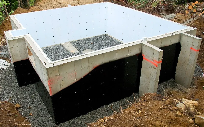 New concrete foundation with a black waterproofing membrane on its exterior walls